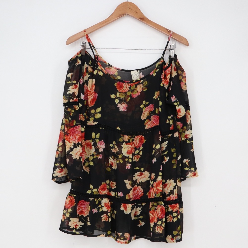 Paper Crane Blouse Womens XL Black Floral Cold Shoulder Tiered Exc
